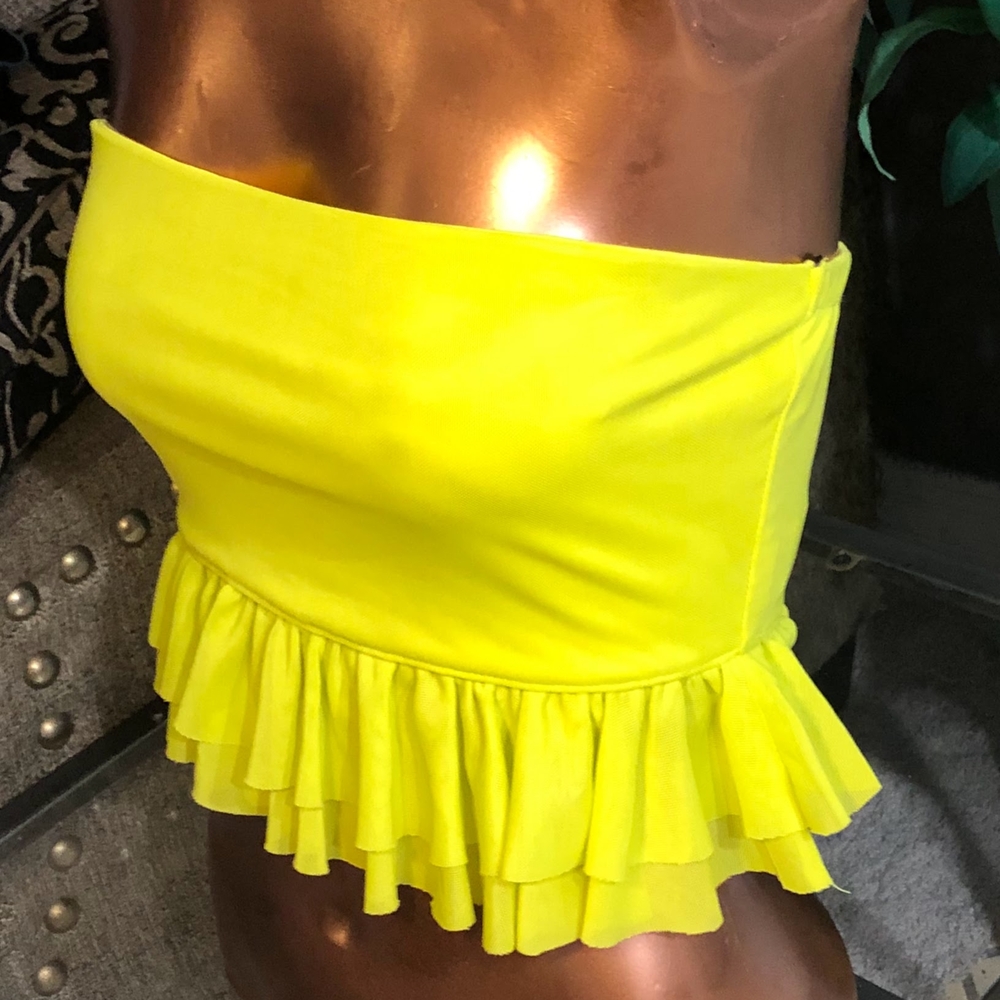 Bright Yellow Strapless Ruffle Top